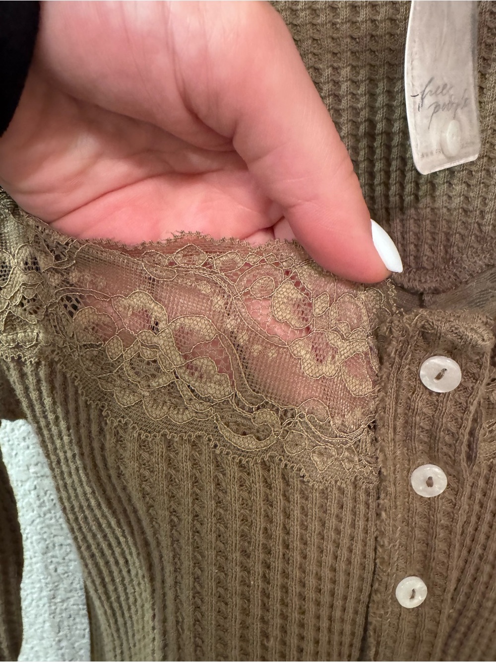 Free People Thermal Lace Button Top | Boho Waffle Knit Long Sleeve Cozy Chic Top - Picture 5 of 8